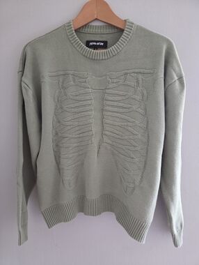 FA Men’s Sage Green Ribbed Crewneck Sweater with Rib-Cage Motif